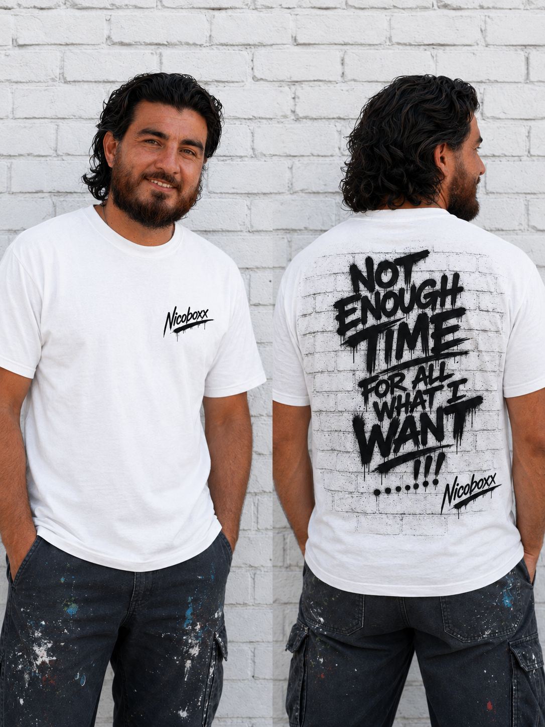 Not Enough Time tee, front and back on model