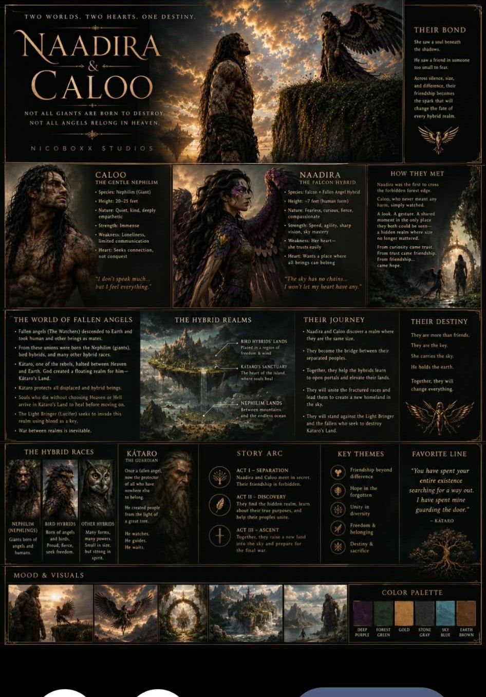 The full Naadira and Caloo story bible: world, races, three-act arc, themes and palette